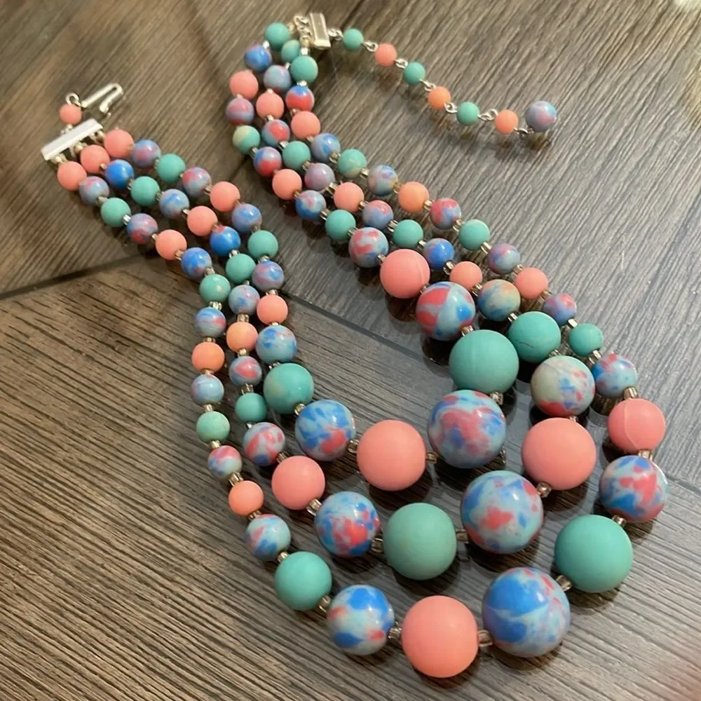 Vintage Japan Three Strand Pastel Candy Colored Beaded Necklace